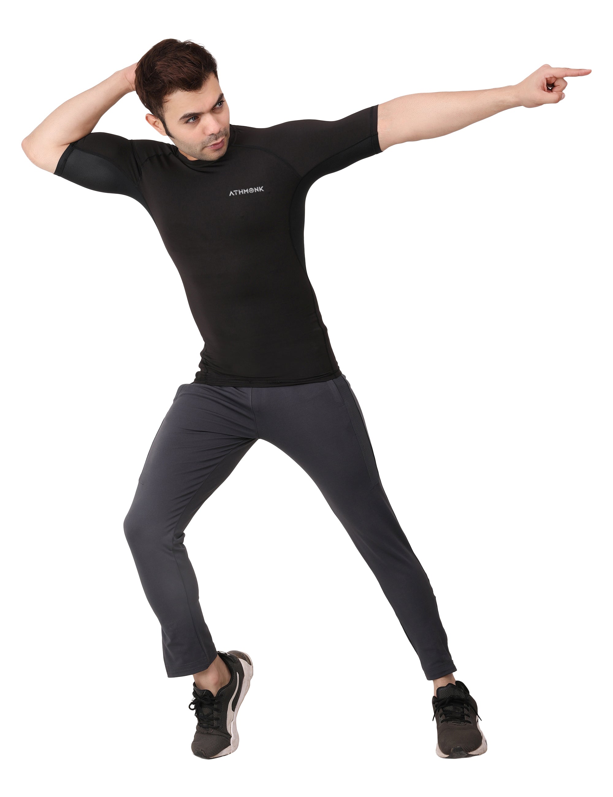 Athmonk Compression T-Shirt Vest Body Shaper Half Sleeve for Men Boys Branded - Nylon Lycra Fabric - Workout Gym Cricket Football Sports Training - Keep Dry Tight Skin Fit - Round Neck